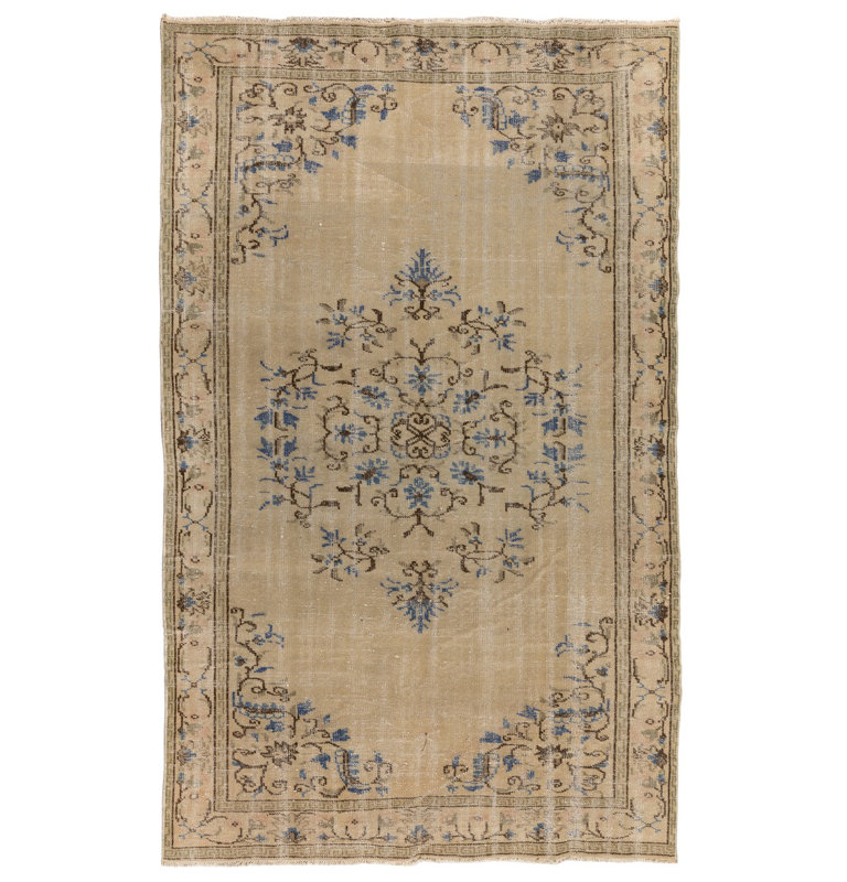 Tapis turc rétro en laine noué à la main de couleurs neutres