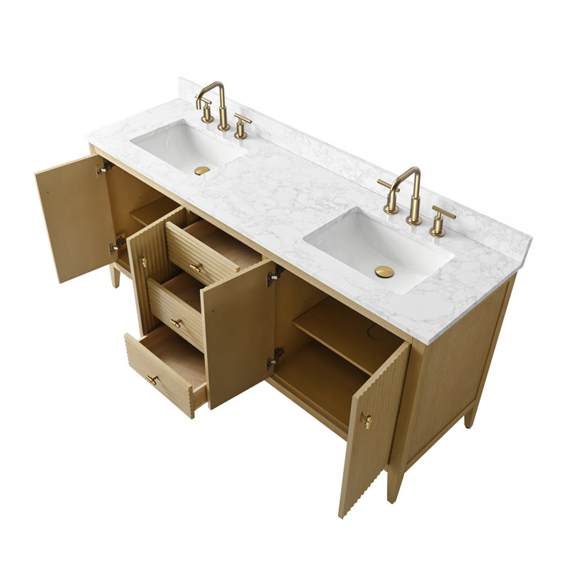 Meuble-lavabo double 72 po avec plateau en marbre, Chêne naturel linéaire, Doré brossé