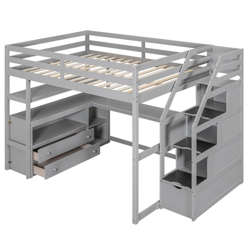 Loft Bed With Desk,Shelves,Two Built-In Drawers And Storage Staircase, Full, Gray