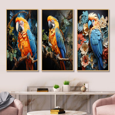 Yellow And Blue Parrot Paradise - Parrot Canvas Prints Set Of 3