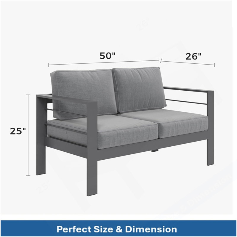 Causeuse de patio en aluminium toutes saisons de 50 po avec coussins gris épais et structure grise, Gris clair, Blanc
