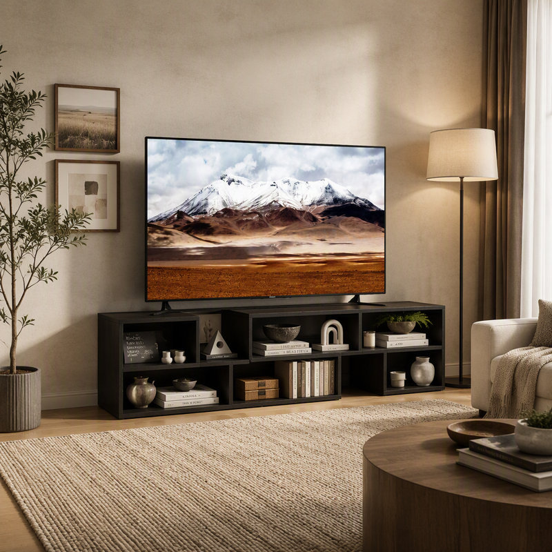 Meuble télé modulaire Freestyle, console multimédia réglable avec compartiments de rangement ouverts, centre de divertissement combinable à volonté pour salon, chambre à coucher, appartement