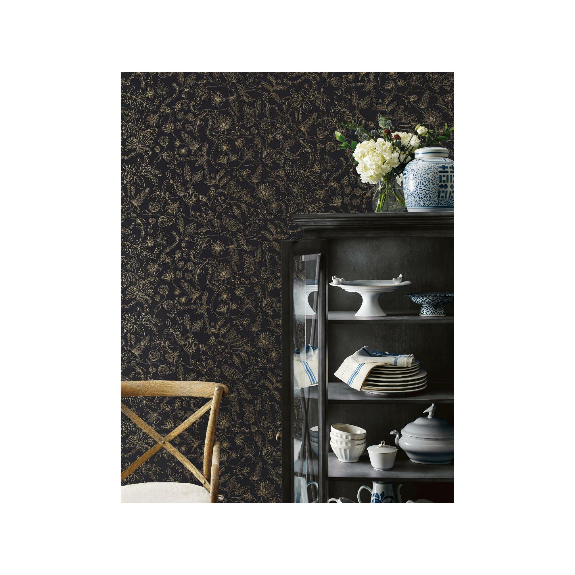 Rifle Paper Co. Aviary 20' L x 27" W Peel and Stick Wallpaper Roll, Black/Gold