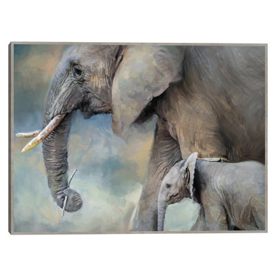Elephant Family by Studio Arts, 42x56", Large Oversized Elephant Mother and Calf Wildlife Portrait Framed Canvas Wall Art Print, Light Gray Frame