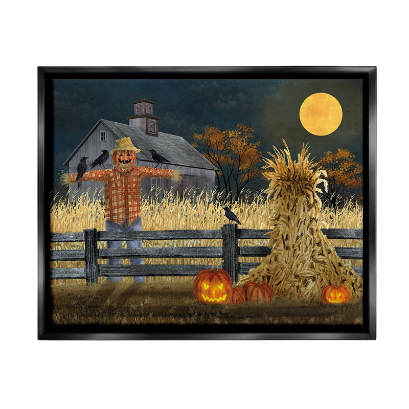 "Scarecrow Farm Landscape" par Billy Jacobs sur toile, H 17 po x l 21 po, Cadre flottant noir de jais