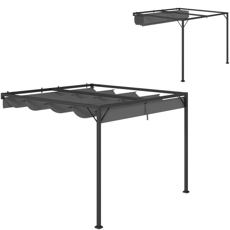 3 X 3m Wall Mounted Pergola With Sliding Retractable Canopy, Triangle Reinforced Metal Frame, Uv Resistant Waterproof Shelter With Drawstring & Mounting Fittings For Outdoor Patio Garden, Grey
