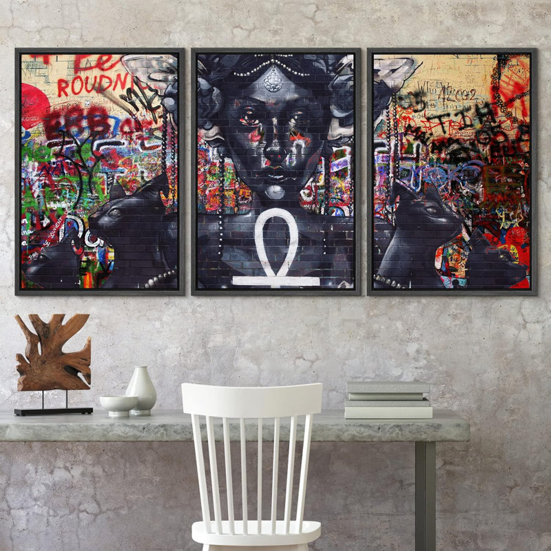 Peinture en aérosol femme égyptienne Ankh Graffiti et art urbain, art moderne coloré, portrait urbain, 3 pièces