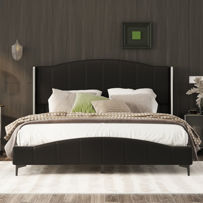 PU Leather Upholstered Platform Bed, Headboard with Wingback and Metal Bar Accents, No Box Spring Required -  Corrigan StudioÂ®, 7E12356DDE5242188C631911C75E5BA5