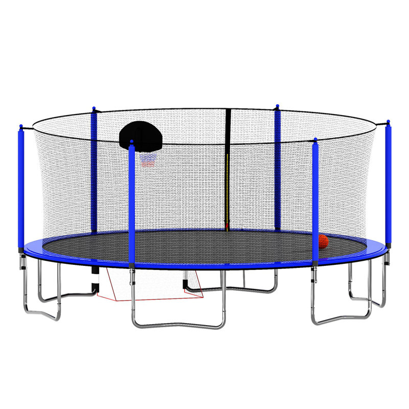 16FT Blue Round Trampoline with Safety Enclosure and Basketball Hoop