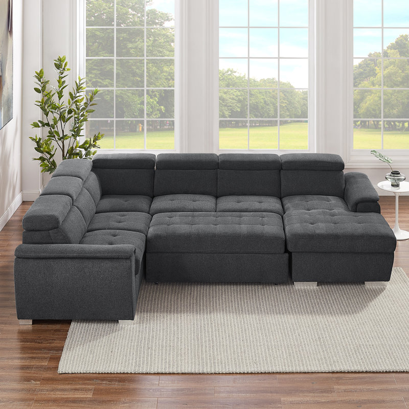 125" Modern U Shaped Sectional Sofa Couch With Storage Chaise-Pull Out Couch Bed, Dark Gray