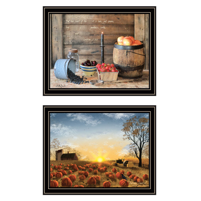 Art mural de salon, 2 lever de soleil d'automne, encadré noir, décoration intérieure, multicolore, papier de bois, lever de soleil 17,88 x 13,86