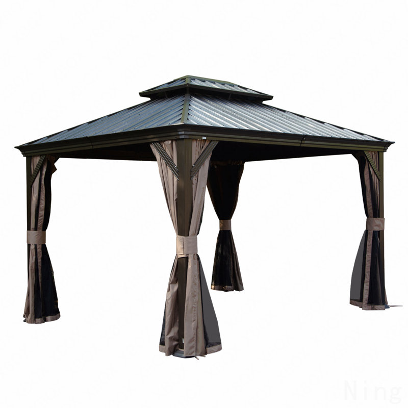 10X12FT Gazebo Metal, Mosquito Net For Outdoor Use With Galvanized Steel Double Roof & Drainage System (Brown), Dark Brown