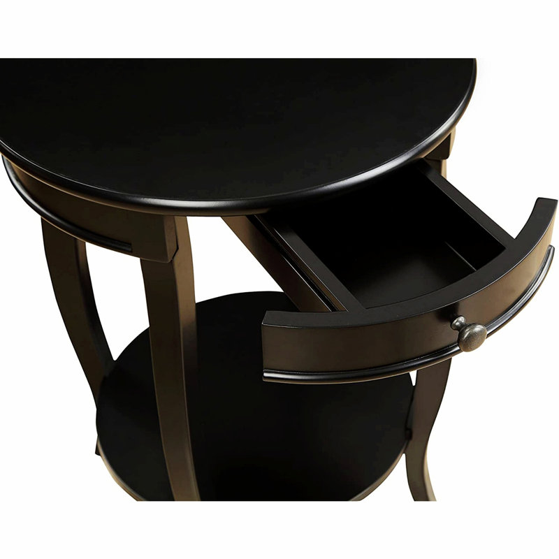 Round Accent Table With 1 Drawer And Open Storage, Black