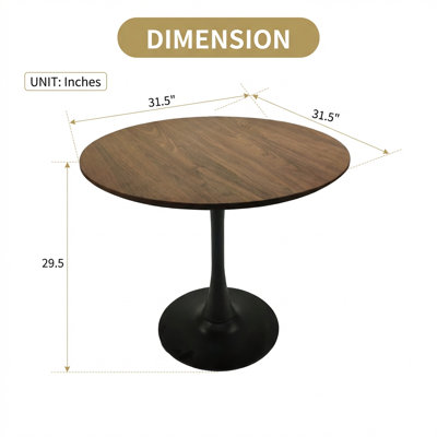 Modern Round Pedestal Dining Table with Walnut Finish and Metal Base, Compact Kitchen Table for Small Spaces, Mid-Century Style Coffee Table for Living Room or Office