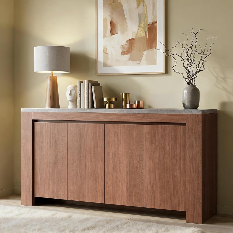 Sideboard Buffet Cabinet With 4 Doors & 5 Storage Spaces, 63" Coffee Bar Cabinet With Faux Marble Top, Modern Kitchen Storage Cabinet For Living Room Dining Room, Walnut