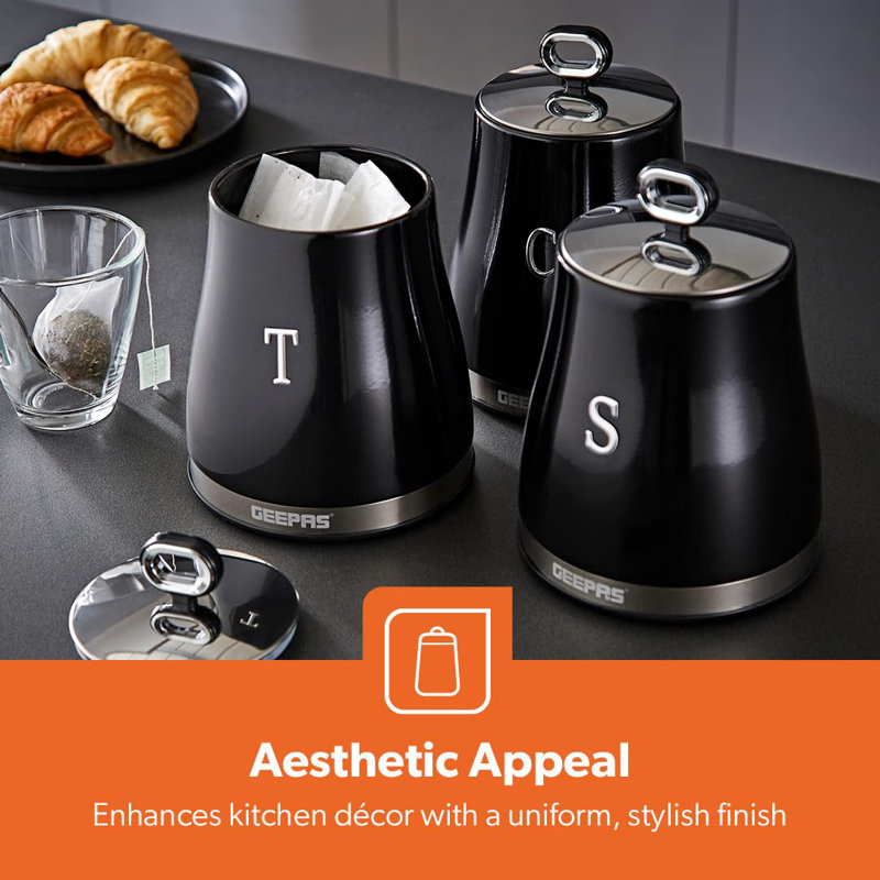 GEEPAS RetroVive Electric Kettle, 4 Slice Bread Toaster, Set of 3 Tea Coffee Sugar Canister, Bread Bin, Mug Tree & Towel Pole Set of 8 Piece Matching Kitchen Counter Storage Space Saver Set