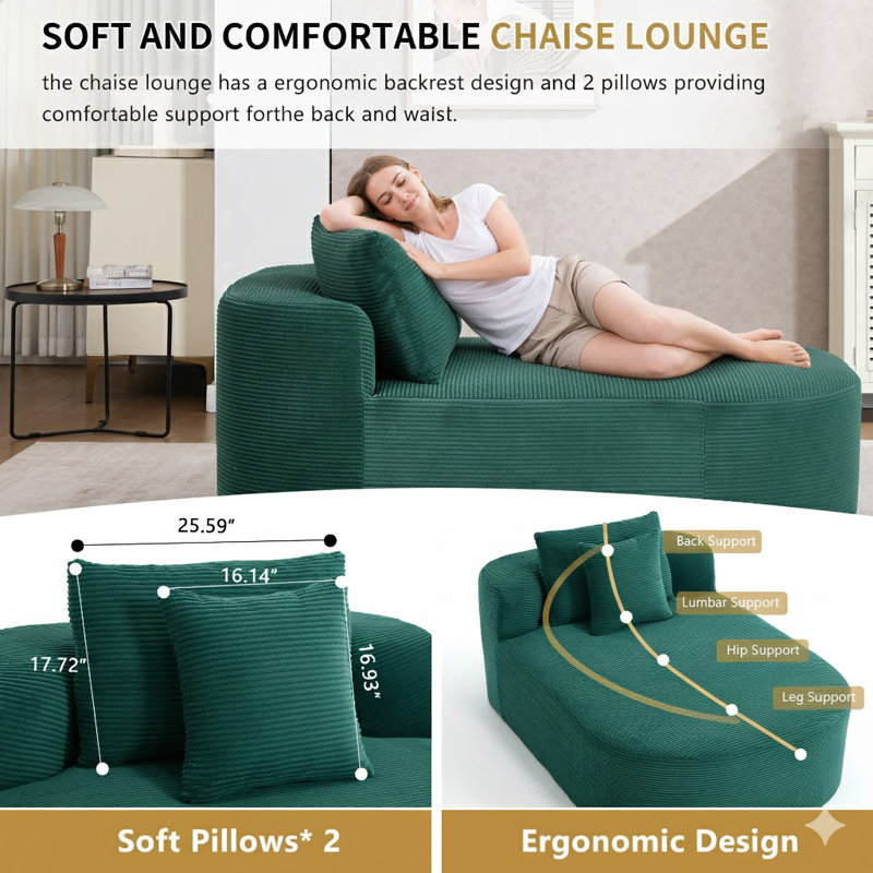 Canapé-lit 67,5 po en méridienne surdimensionnée en velours côtelé de 46 po pour le salon avec siège profond et deux coussins moelleux convertibles, vert, sans assemblage requis