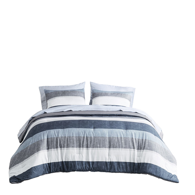 King Size Bedding With Sheets - Grey, Navy, Blue Stripe Comforter And Sheet In Soft Breathable
