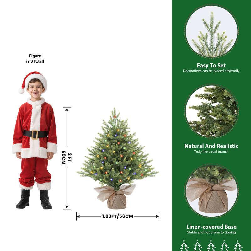  2ft Prelit Mini Christmas Tree, PE Artificial Tabletop Tree with Warm White Plug-In Lights, Realistic Branch Tips for Home Office Decor, Green