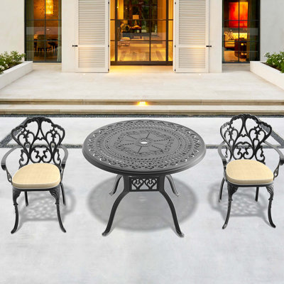3-Piece Set Of Cast Aluminum Patio Furniture With Beige Cushions