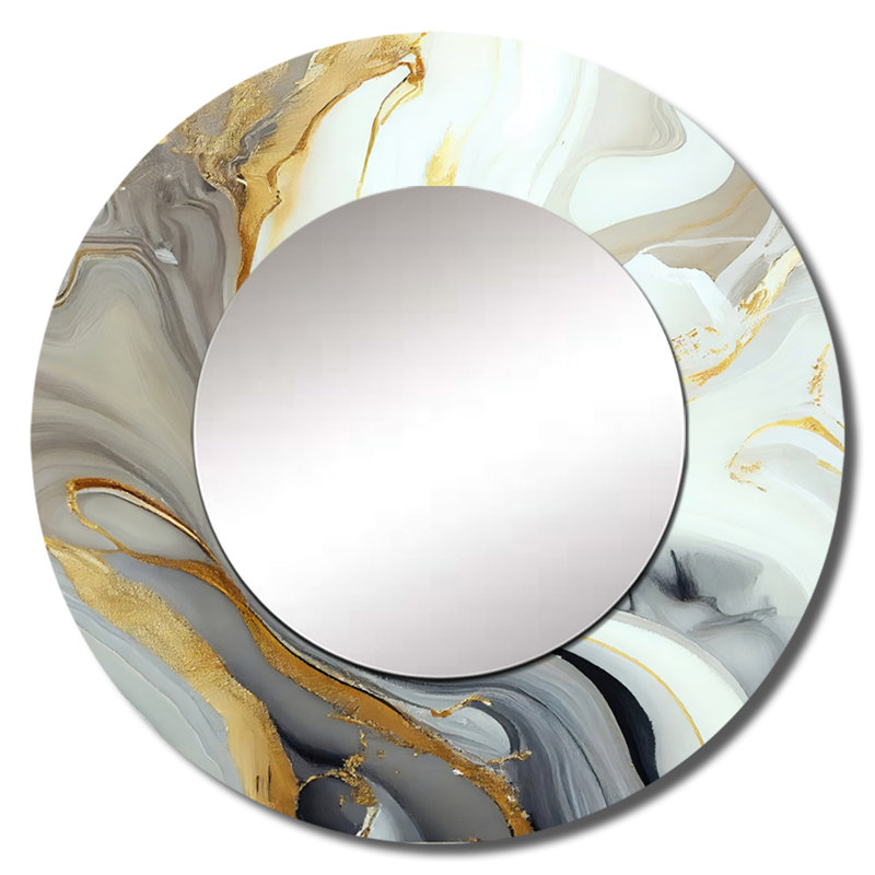 Presten White And Gold Marble Abstract III - Marble Decorative Wall Mirror, White Round Mirror, Printed Metal Art, 36" x 36"