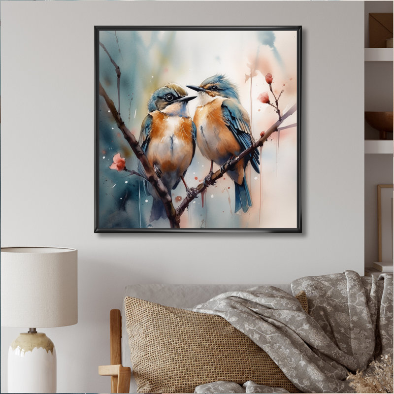Oiseaux bleus assis sur une branche d'arbre III - Art mural floral, H 16 po x l 16 po, Cadre flottant noir