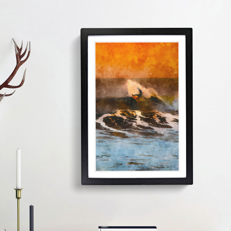 Surfing as the Sun Sets - Picture Frame Painting Print, Black Framed, 33cm H x 24cm W x 2cm D