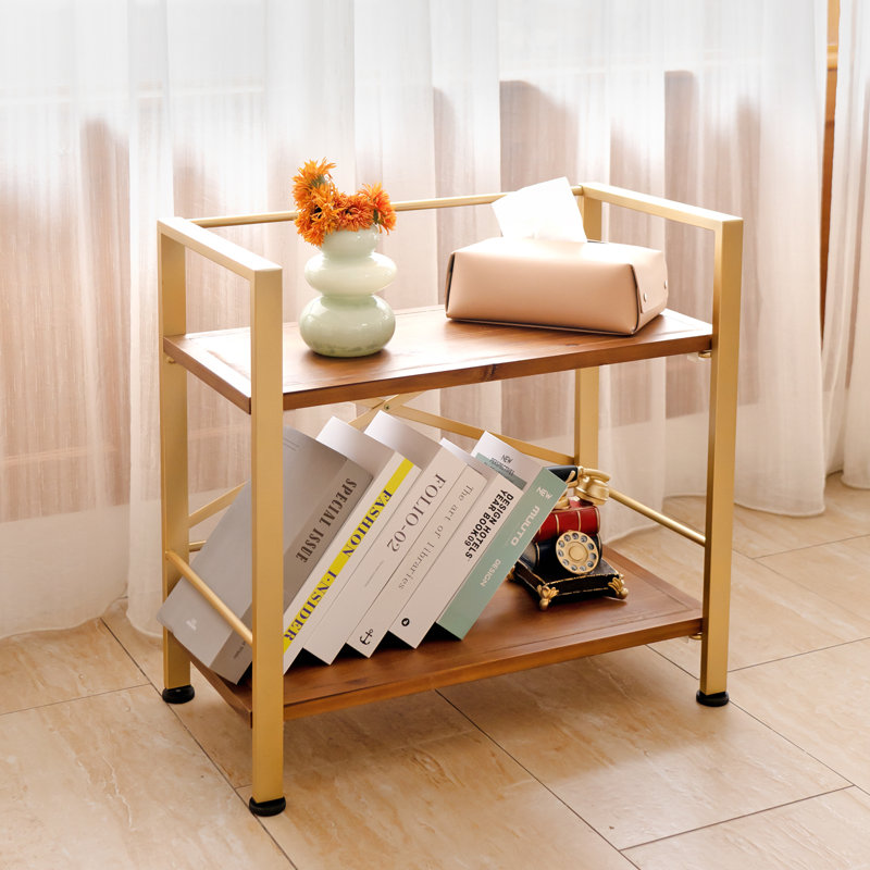 Iron Solid Wood Etagere Bookcase, Gold, (2 Shelves ) 22.8" H x 23.6" W x 12.6" D