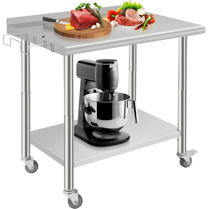 Table de préparation en acier inoxydable de 36 po x 24 po avec roulettes verrouillables, tablette réglable, dosseret et crochets à outils pour la cuisine, le restaurant, le garage et l'entrepôt, bord courbé