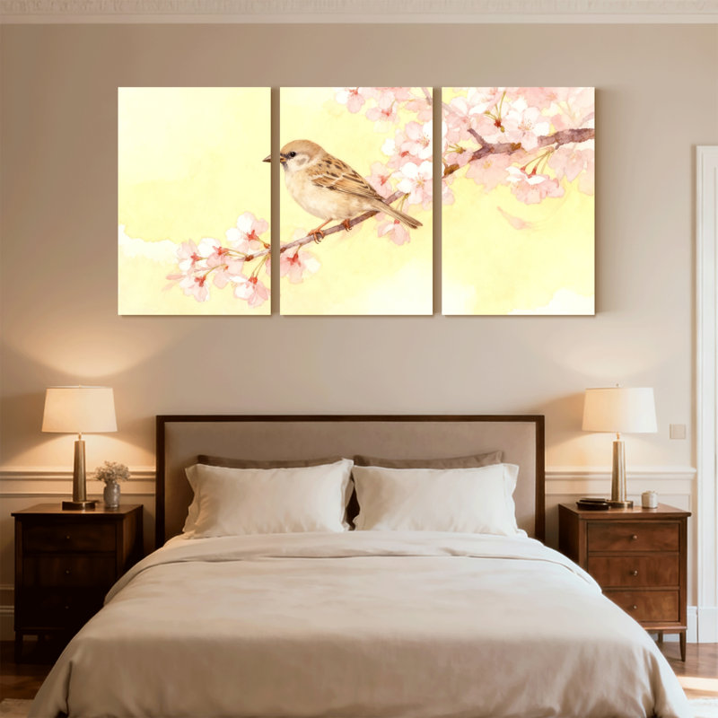 «Birds Bird on Cherry Blossom Branch», ensemble de 3 impressions sur toile, H 24 po x l 48 po