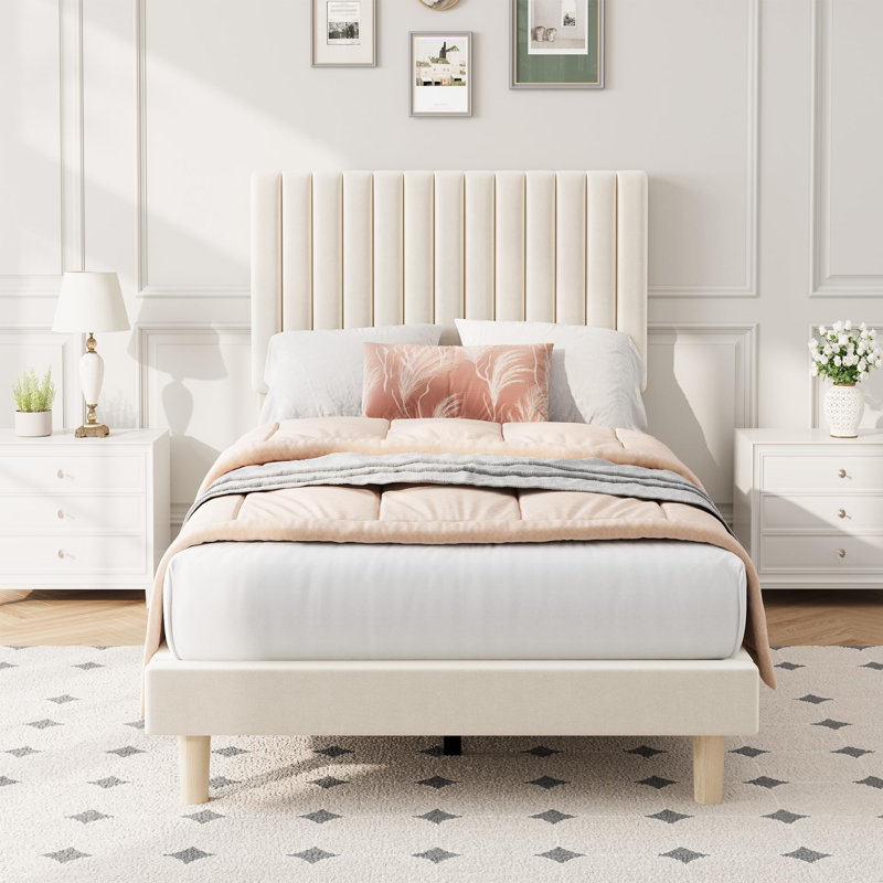 Bed Frame with 3-Level Adjustable Headboard, Full Bed Frame Vertical Channel Tufted, Velvet Upholstered Platform, Wooden Slats Support