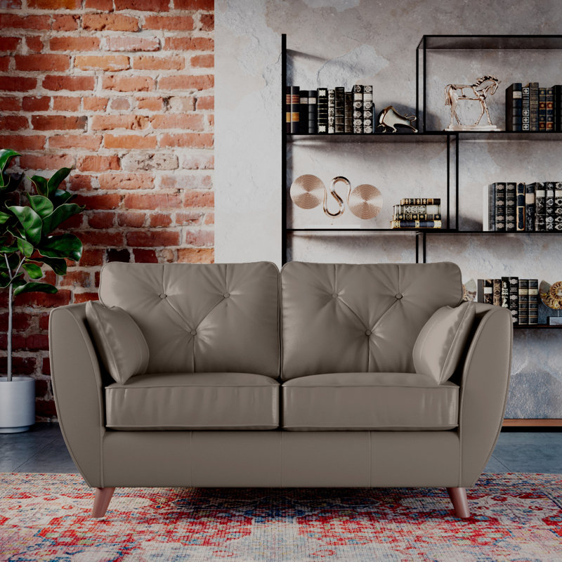 Marylin 2 Seater Leather Tufted Sofa, Stone Grey, Dark Wood