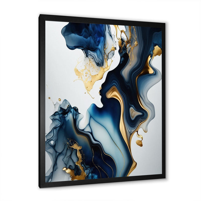 «Abstract Geode Marble Blue I», art mural abstrait en marbre, Toile avec cadre photo, H 32 po x l 24 po, Noir