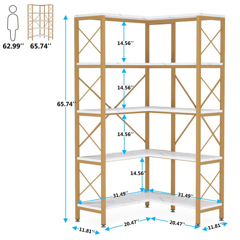 167cm H x 80cm W Metal Corner Bookcase, White/Gold, 167.6cm H x 81.3cm W x 81.3cm D
