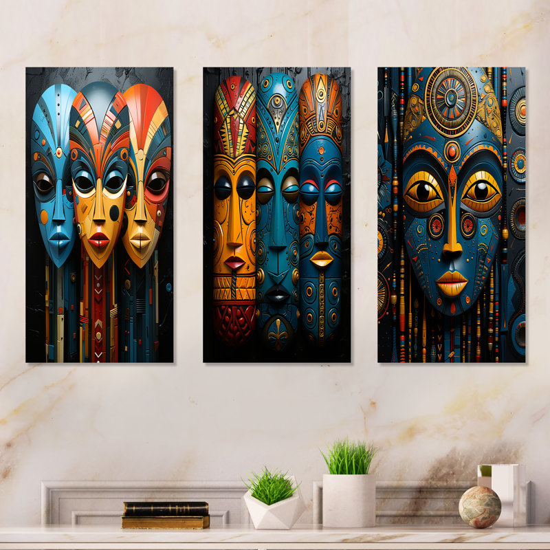 African Mystique Tribes Masks, H 28 po x l 36 po, Toile tendue