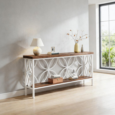 Élégante console à 2 niveaux de style nordique, grain de bois rétro avec accents métalliques, parfaite pour les vestibules et les salons.