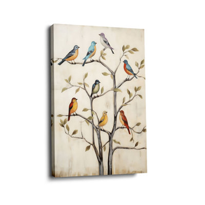 Rustic “Colourful Birds on Minimalist Tree (Neutral Tone)” Bird Tree Canvas Wall Art Stretched Frame for Cozy Studio