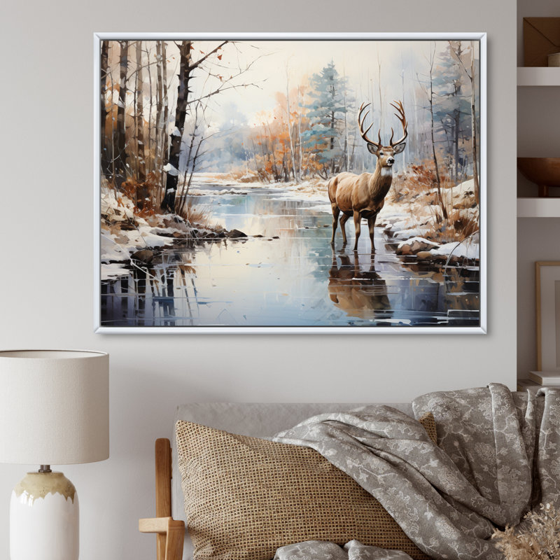Deer Winter Serenade - Print, White Floater Framed, 30" H x 40" W x 1.5" D