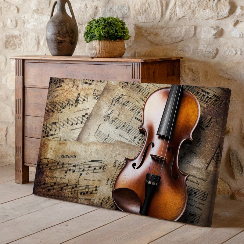 Reproduction d'art sur toile, un violon magnifiquement vieilli repose sur un fond texturé aux tons chauds qui présente des notes de musique délavées et une feuille d'art mural sur toile