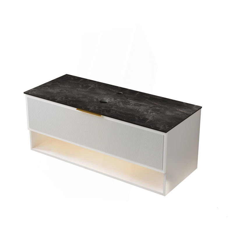 Armoire murale 48 po en contreplaqué blanc avec un tiroir et une tablette ouverte, plateau en pierre frittée en pierre noire, sans lavabo, sans couvercle et sans évier