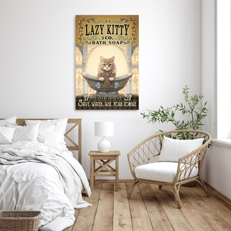 Lazy Kitty Bath Soap 1 - 1 pièce, reproduction d'art graphique sur toile tendue, H 14 po x l 11 po x P 1,25 po