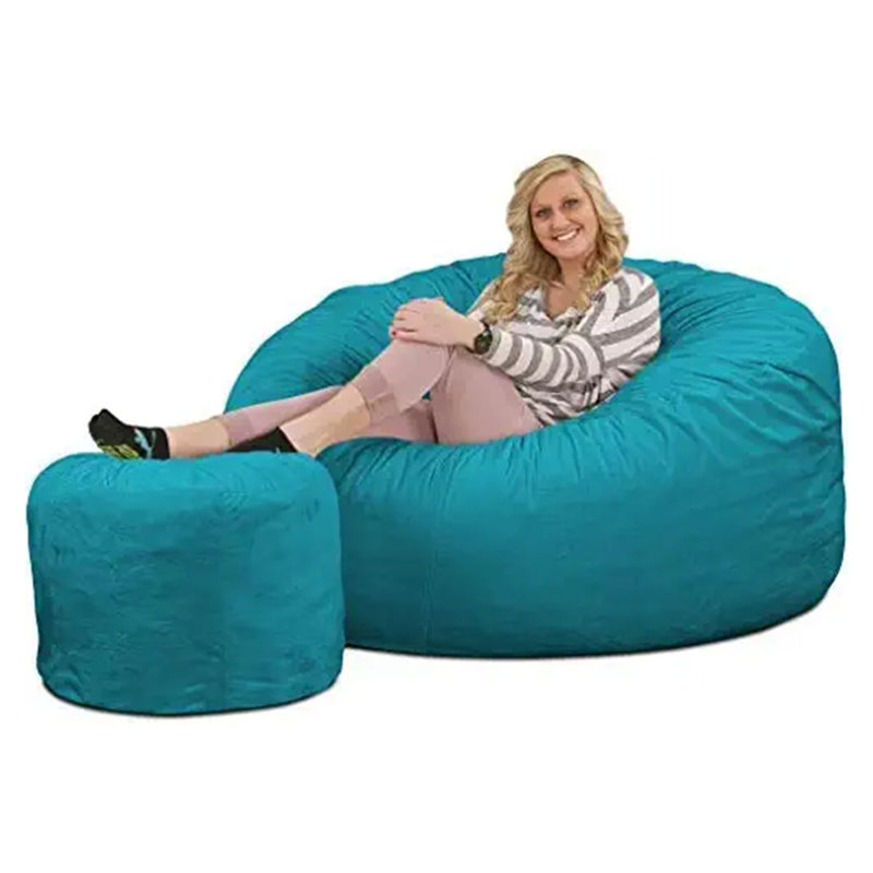 Bean Bag Chair and Footstool, Oversized Lounger, Teal Suede, 24" H x 24" W x 21" D
