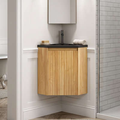Meuble-lavabo mural 22 po en résine et contreplaqué en bois naturel et noir avec pré-assemblage triangulaire