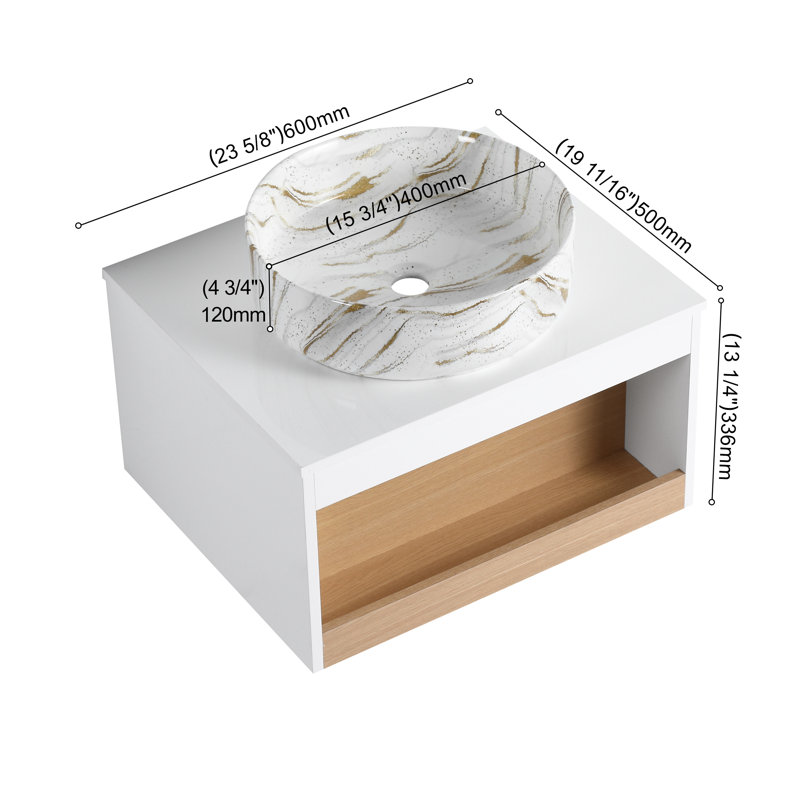 Ensemble de meuble-lavabo mural simple 24 po avec lavabo en céramique et 1 tablette ouverte, Blanc / doré, L 24 po