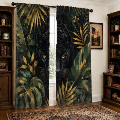 2Pcs Black Panther Jungle Curtains, Lush Tropical Foliage and Gold Accents, Light Filtering Rod Pocket Panels for Living Room, Bedroom, Balcony, Kitchen Home Decor
