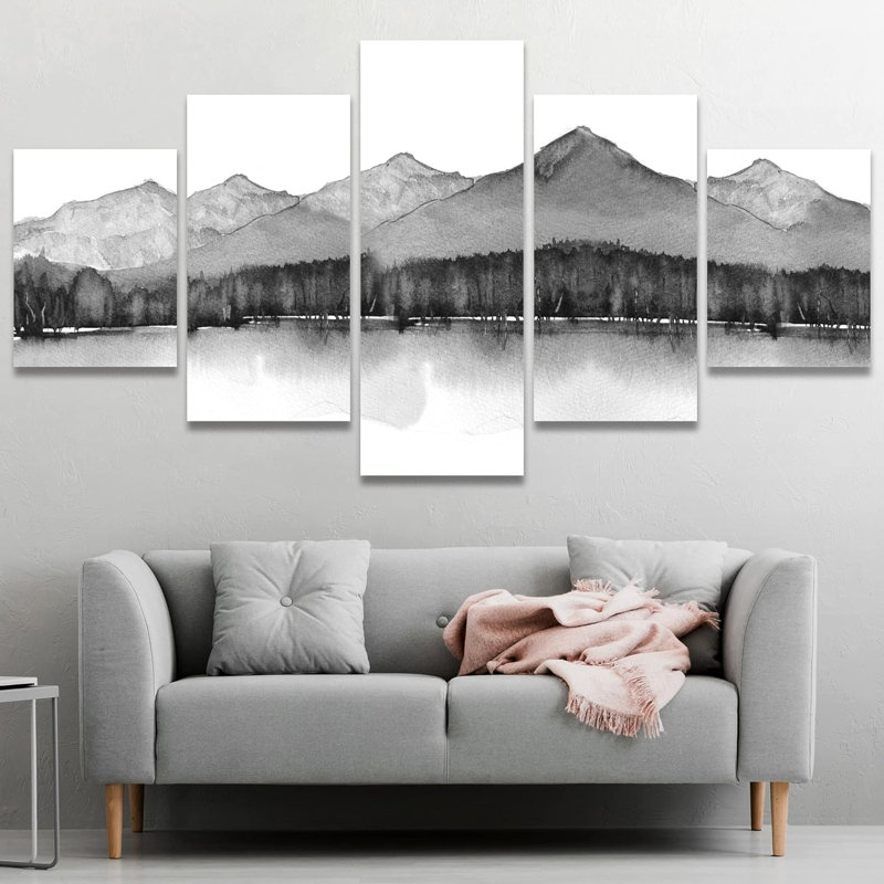 Paysage abstrait en noir et blanc, forêt de montagne pastel, lac, paysage, nature, illustrations abstraites, art moderne, 5 pièces