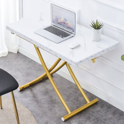 Modern Style Multifunctional Lift Table With 0.8 Inch White Textured Top And Golden Metal Legs Adjustable In Height, Rounded Corners, For Dressing, Coffee, Office Use, Quick Assembly Edges, Suitable