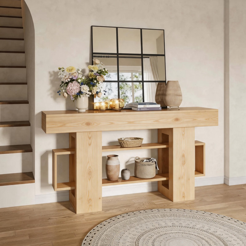 Console de style moderne en bois massif., 32.2" H x 86.6" W x 13.7" D, Natural Wood