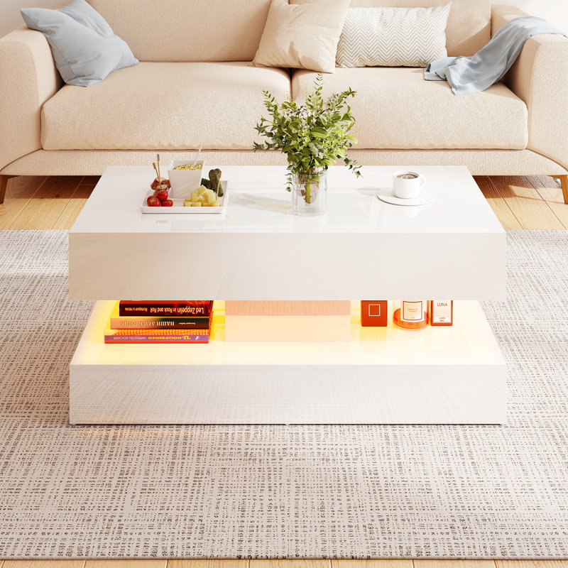 39.4” Modern Rectangular Coffee Table With Storage And Led Lights (white), White