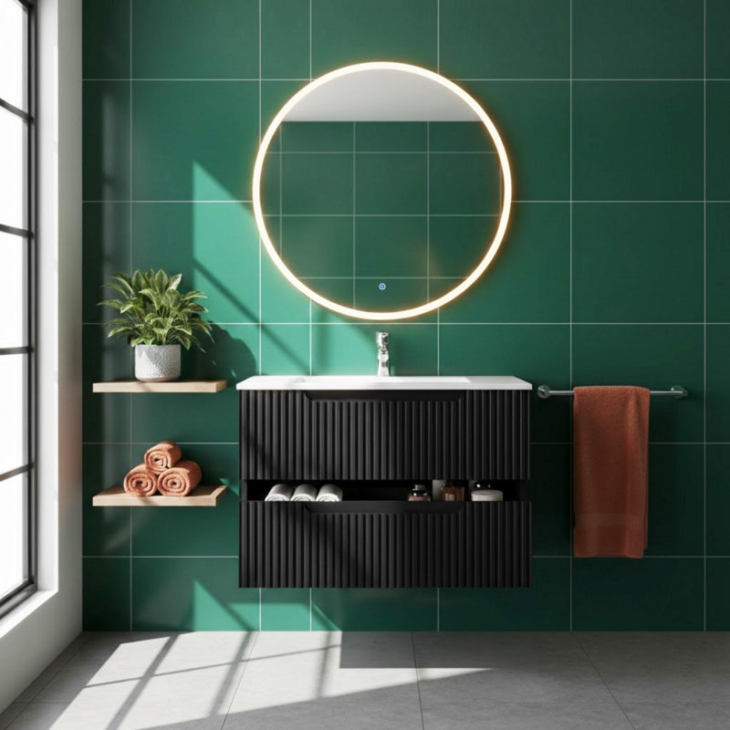 Meuble-lavabo mural avec lavabo, armoire de salle de bain flottante avec système de fermeture en douceur, 30", Noir